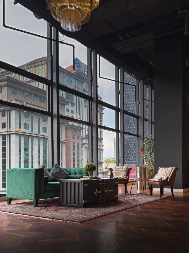 Contemporary penthouse lounge with a compressed sofa