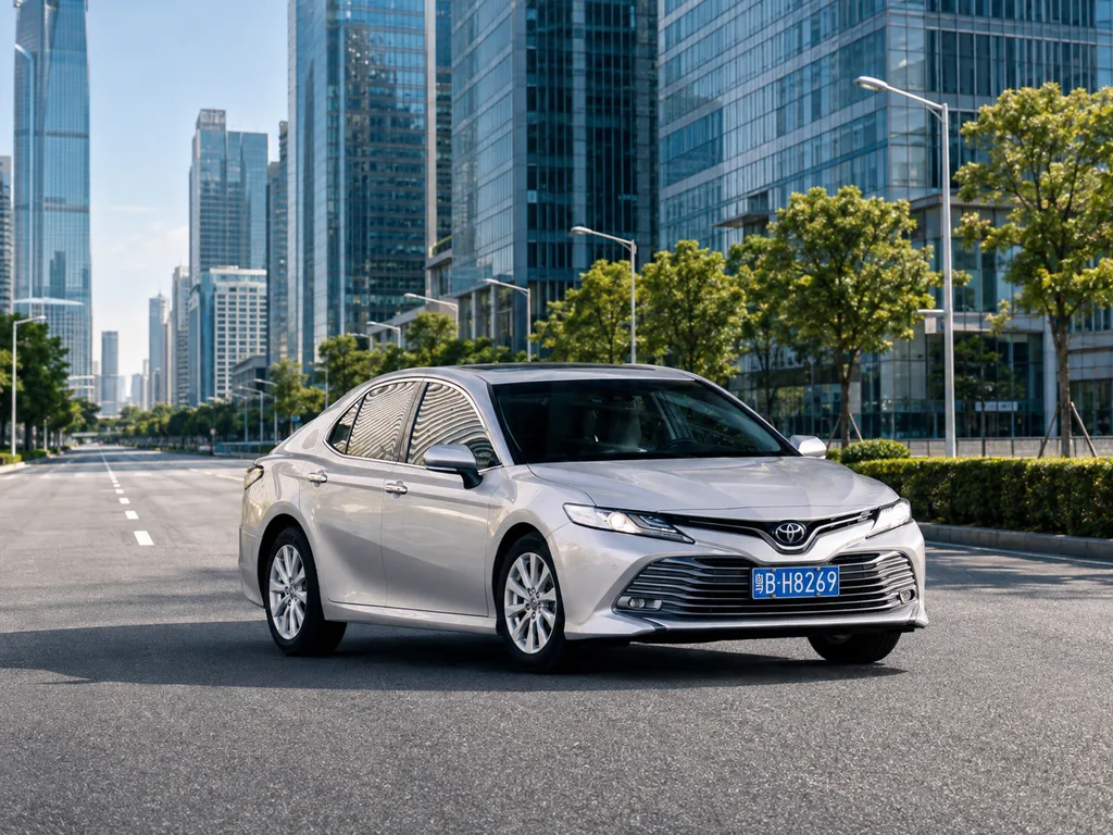 Used sedan from China with a Chinese registration plate on a modern city road