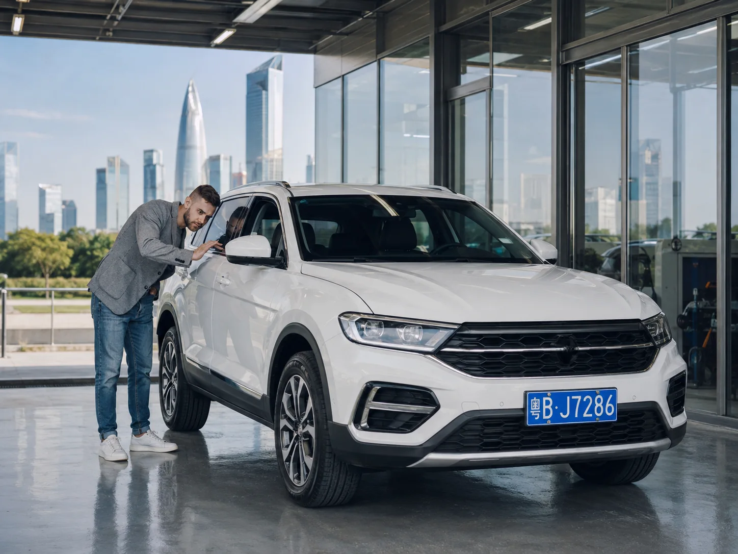 Inspector examining a late-model used car in China before export shipment