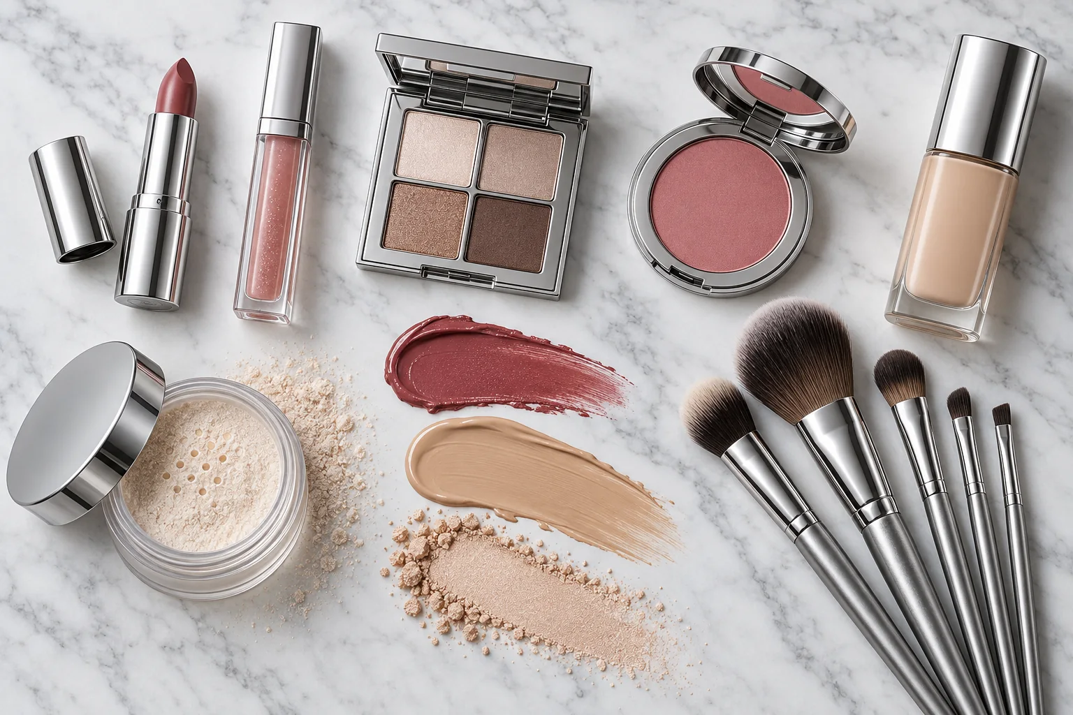 Lip products, blush, foundation, eyeshadow and brushes with cosmetic texture swatches