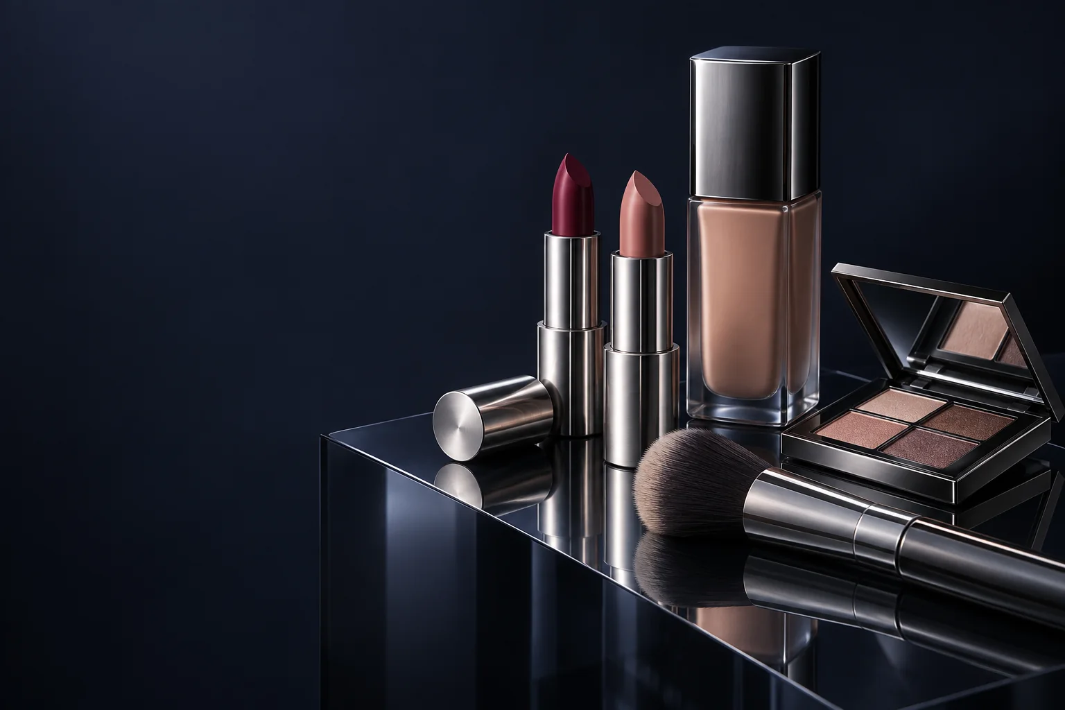 Silver lipstick tubes, a foundation bottle, eye palette and brush against a dark studio background