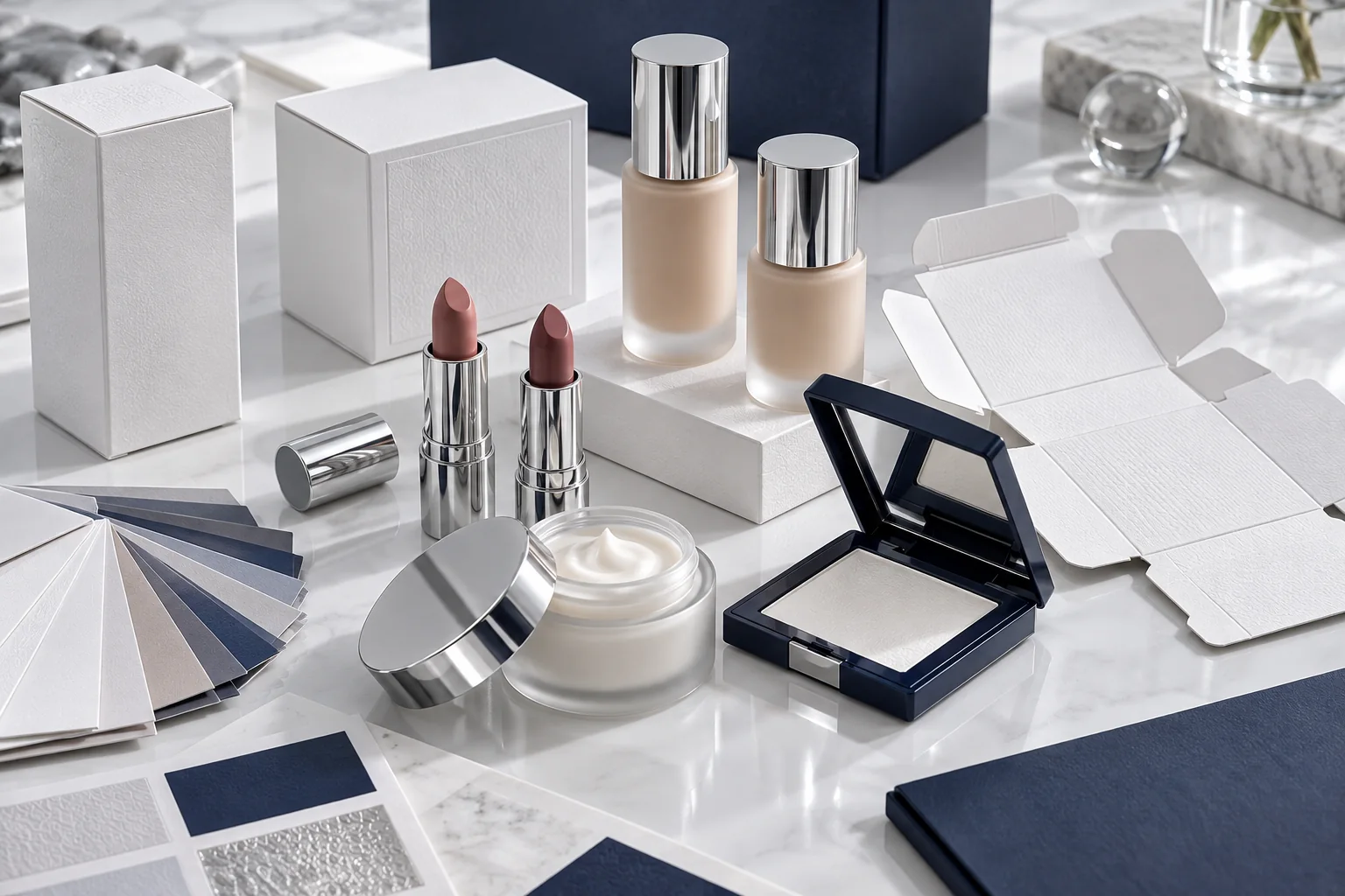 Cosmetic bottles, lipstick cases, cartons, a compact and packaging material swatches