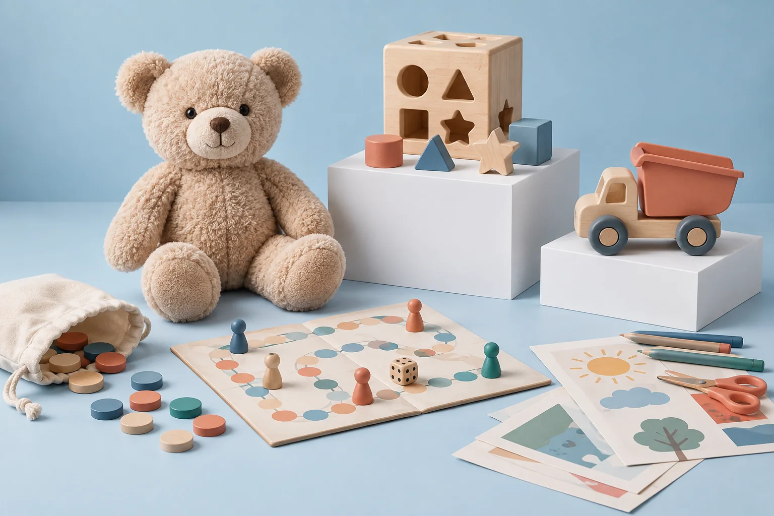 A plush bear, wooden puzzle, board game, toy truck and craft materials