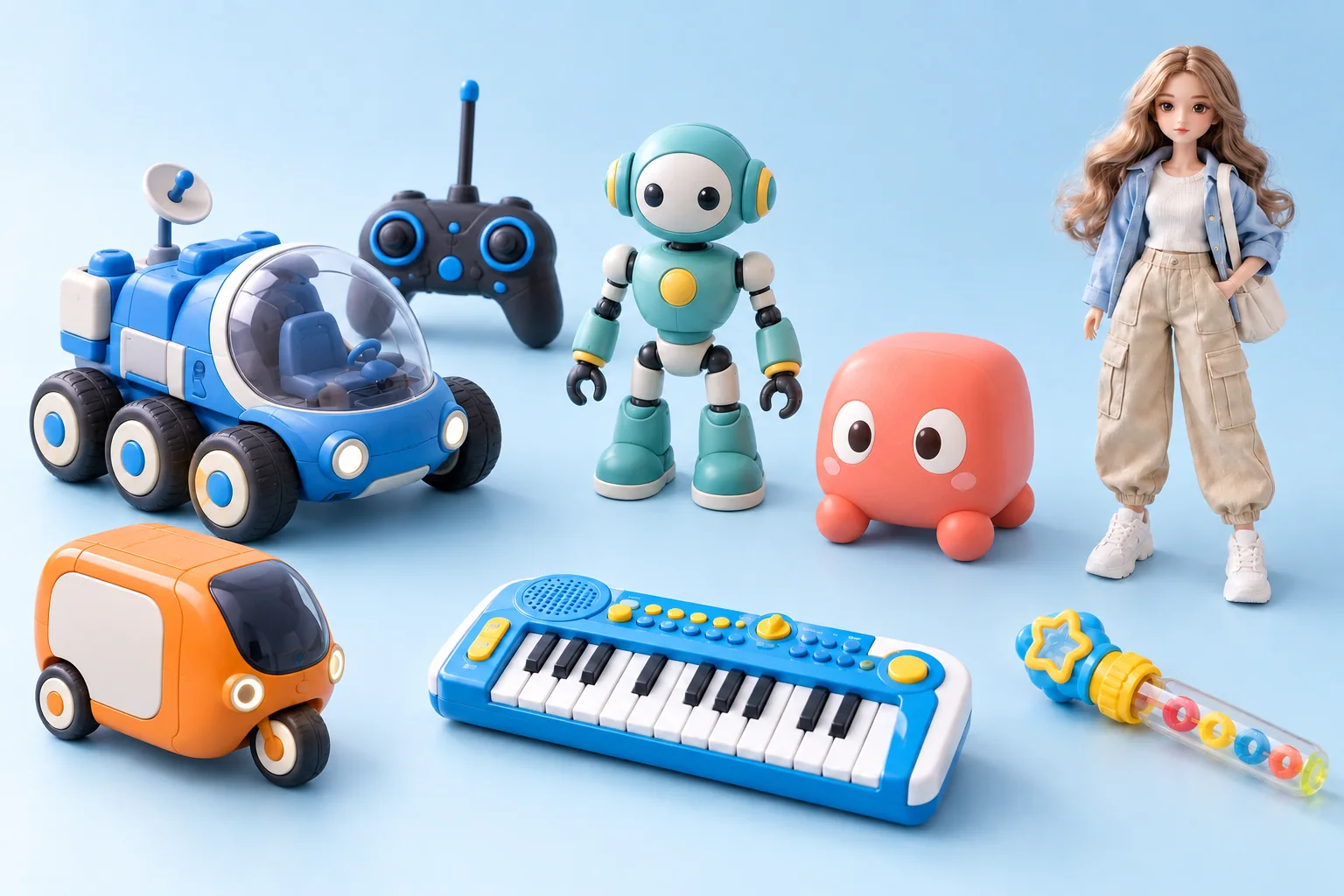 Original concept toys: a blue lunar rover, teal robot, coral creature, doll and musical keyboard