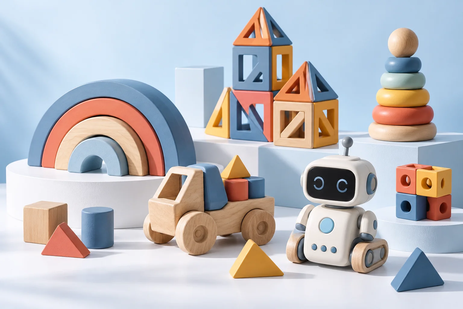 Wooden arches, a toy vehicle, construction pieces and a small learning robot