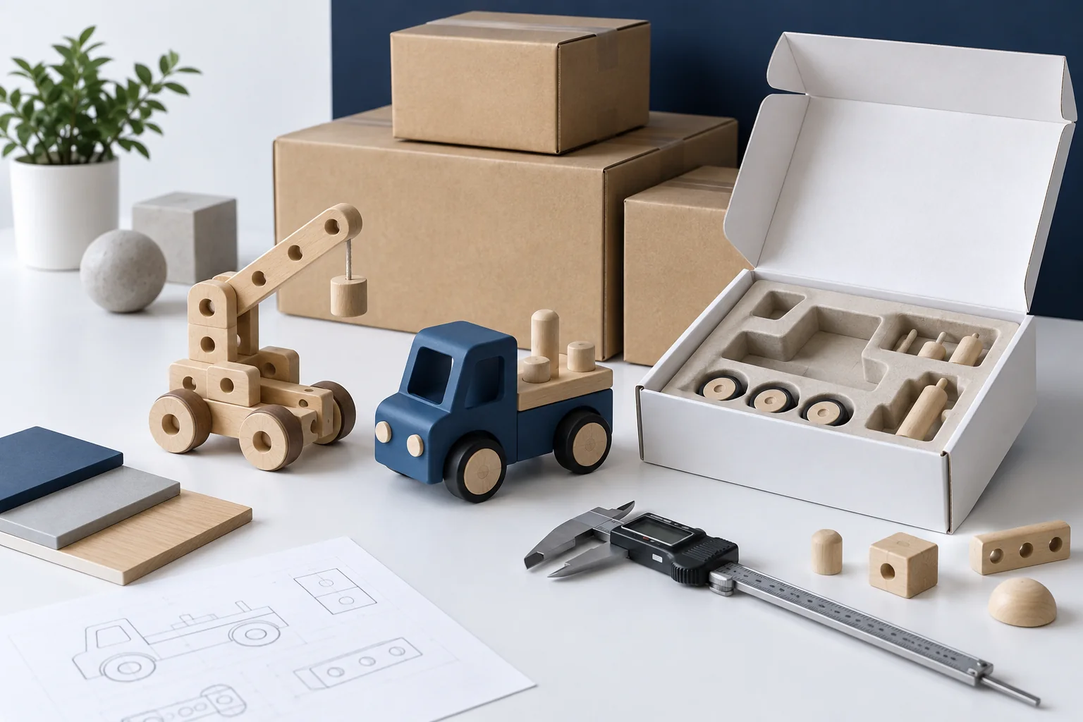 Wooden toy vehicles beside a retail packaging insert, measuring tool and shipping cartons