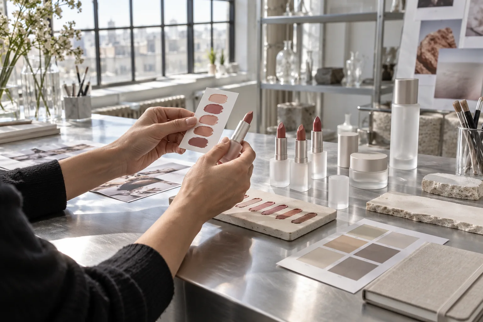 Concept beauty atelier with hands reviewing shade samples and cosmetic packaging