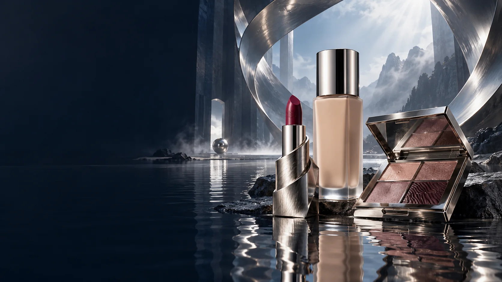 Original makeup concept with silver lipstick, foundation and palette beside a reflective chrome landscape