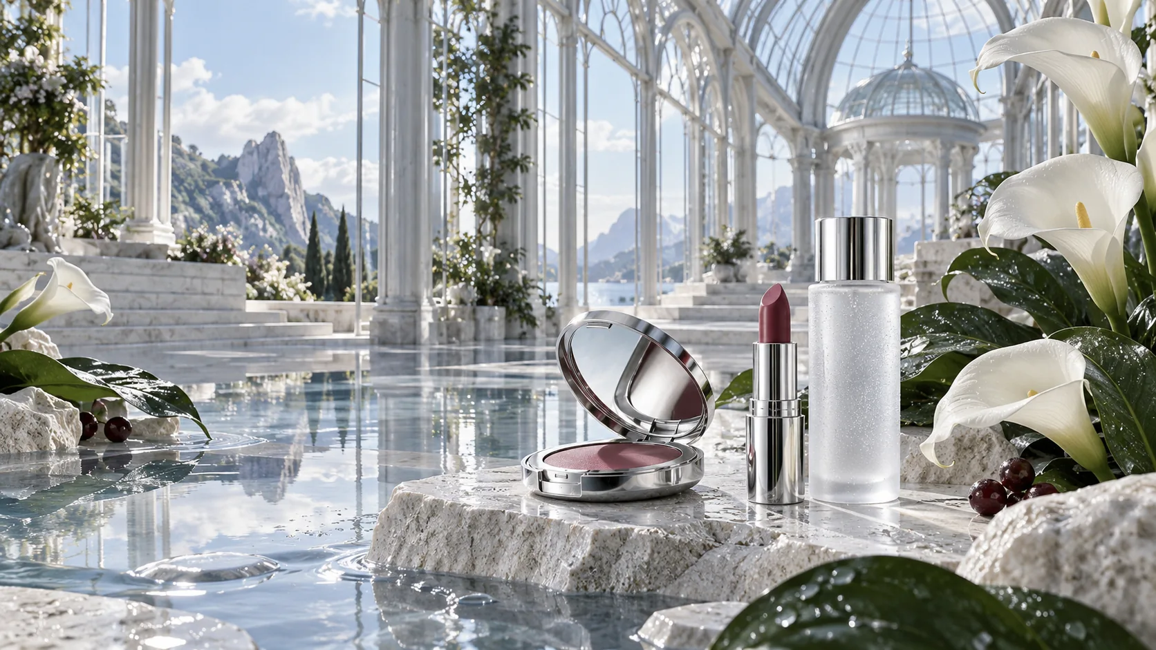 Makeup product concept in a glass conservatory with white flowers and reflective water