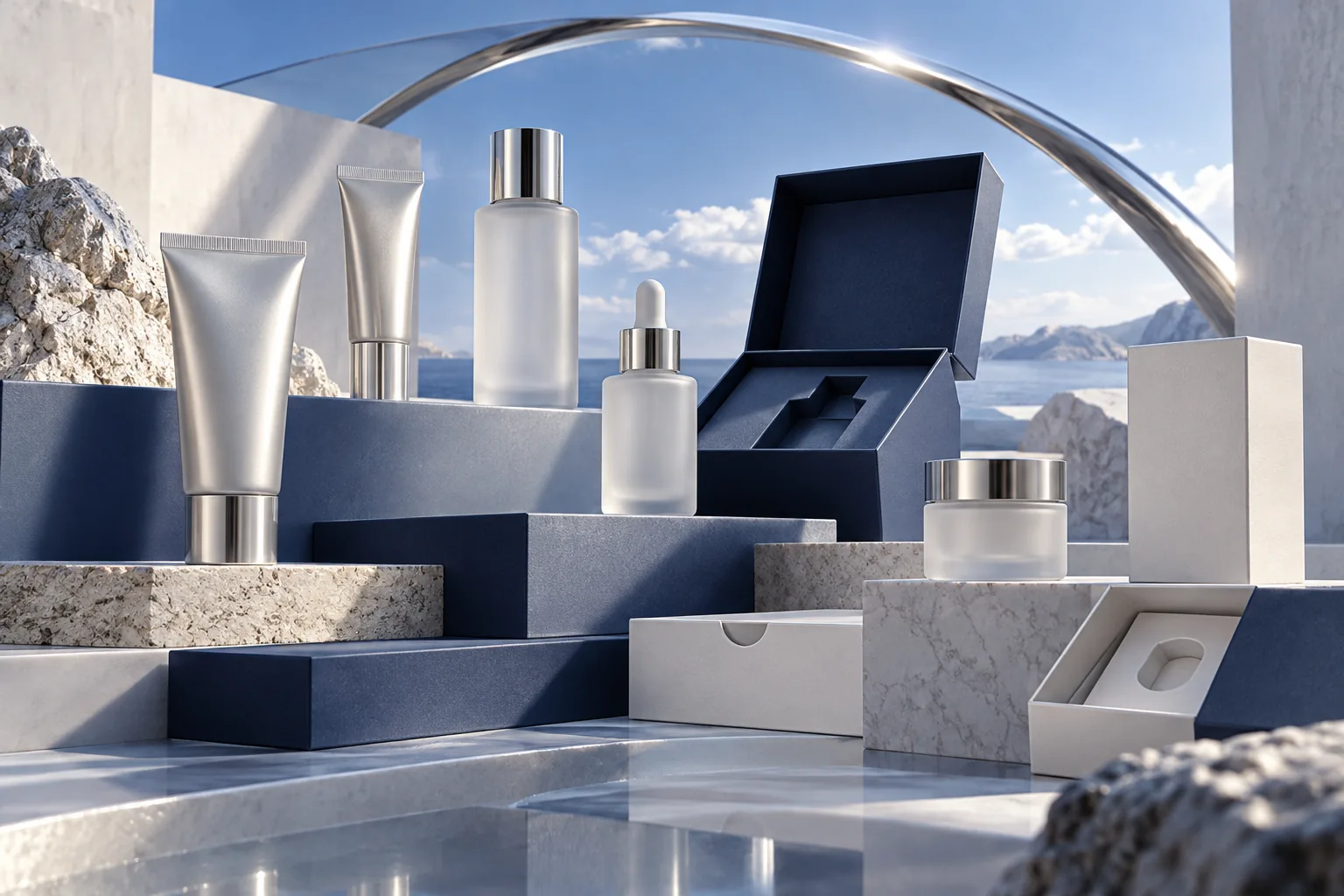 Custom cosmetic packaging concept with silver tubes, frosted bottles and navy cartons
