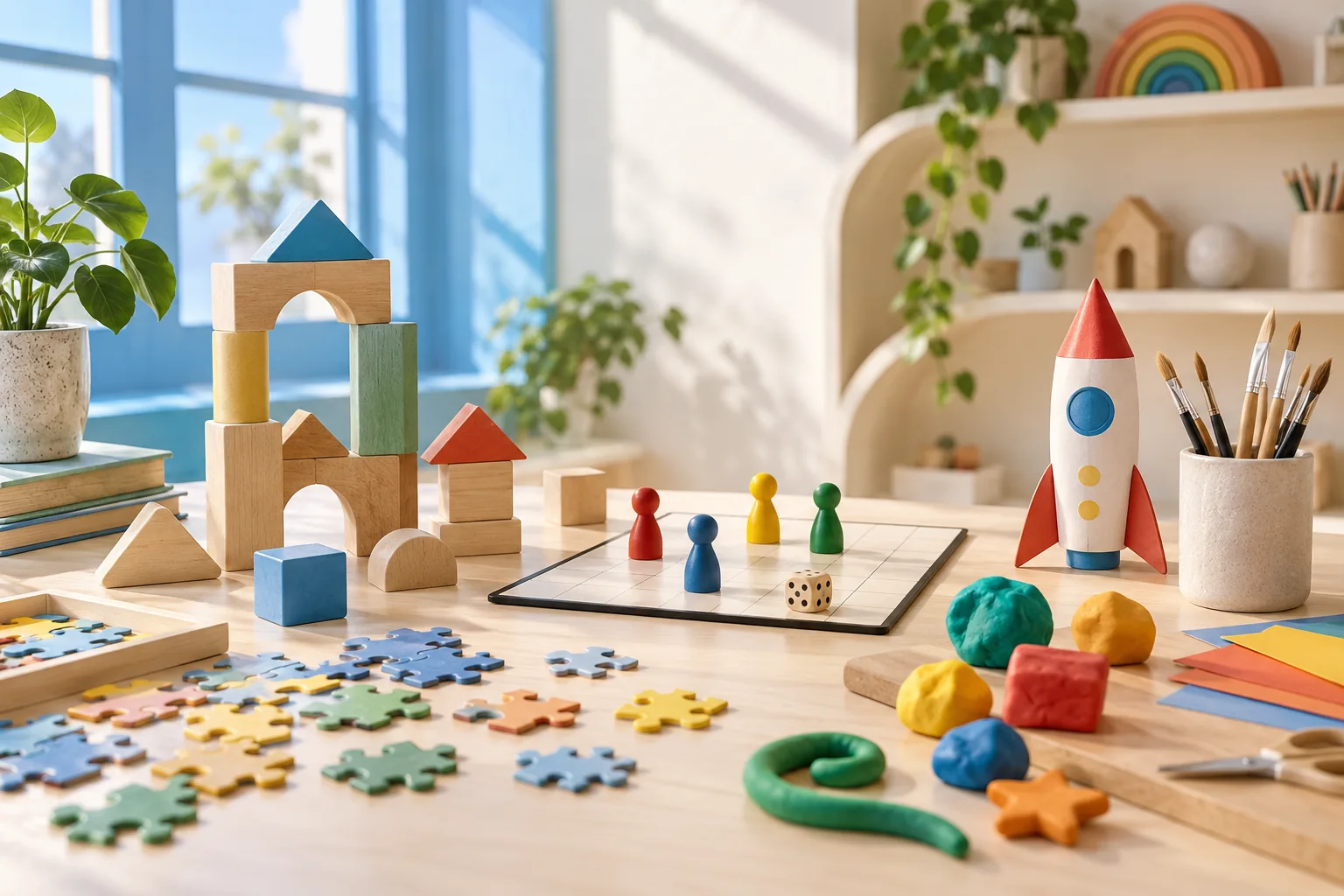 Toy concept studio with wooden construction pieces, puzzles, game pawns and craft materials