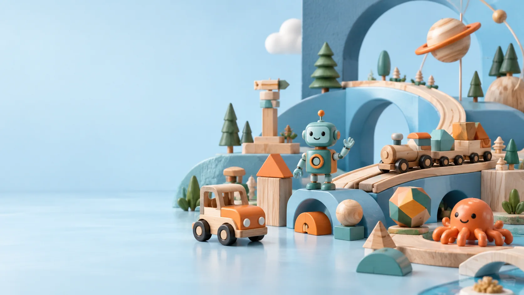 Original wooden vehicles, construction pieces and robot in a playful miniature world