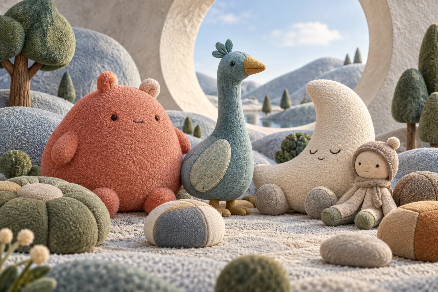 Original plush creatures and soft doll in a miniature felt landscape