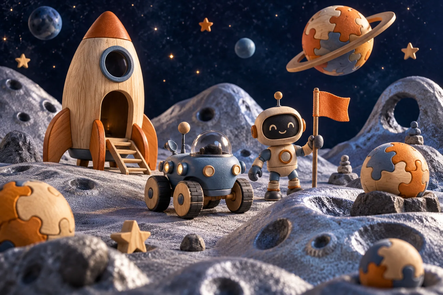 Original wooden rocket, rover, robot and puzzle planets in a miniature space landscape